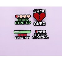Video Game Heart Enamel Pin Game Over Never Give Up Level Up I Need a Drink Brooches Backpack Lapel Badge Jewelry Gift