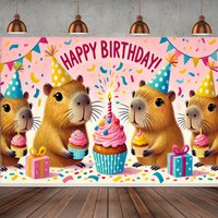 A cute capybara birthday party banner - polyester background, featuring a happy capybara, colorful cupcakes and a gift box