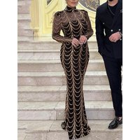 Long Sleeve High O Neck Stretch Sequin Formal Gown Padded Shoulder Full Length Lining Full Length Evening Night Party Dress