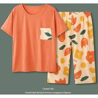 Women's Summer Pajamas: Short-Sleeve, 3/4-Length Pants, Pullover, Round Neck, Printed, Spring/Fall Style, Plus Size Pajama Set