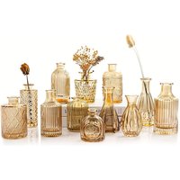 12pcs,light amber glass flower bud vase, small flower vase, central decorated mini vintage champagne vase, loose flower bud vase