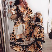 2024 Early Autumn New Sexy V-Neck Women's Retro Printed Long Sleeved Evening Dress, European And American Dress