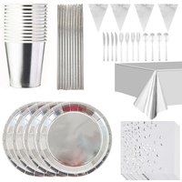 Silver Paper Plates Banner Tablecloth Birthday Party Decor Disposable Tableware Set Baby Shower Wedding Bachelor Party Supplies