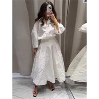 Elegant Shirt Skirt 2-piece Set Women 2025 Summer Lapel Long Sleeve Loose Shirt High Waist Pleated Long Skirts Suits Lady Outfit