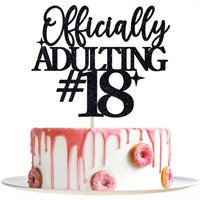 Black Officially Adulting 18 Cake Topper – Glitter Birthday Cake Decoration for 18th Birthday Party, Teen Celebration