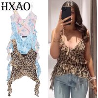 HXAO Leopard Mesh Top Women Tanks & Camis Summer 2025 Sexy Layered Sleeveless Tops For Woman Ruffled Backless Tulle Camisole 066