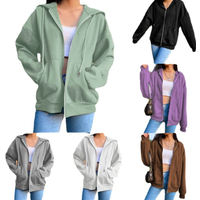 Plus Size Fleece Hoodie Solid Color Hooded Korean Fashion Sweatshirts Sleeve Top Drawstring Pockets Loose Zipper Black Hoodies