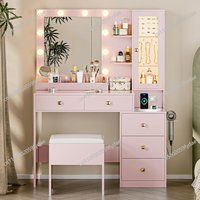 Vanity Desk with Mirror and Lights, Makeup Vanity with 5 Drawers Hidden Jewelry Organizer& LED Glass Cabinet