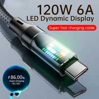 120W Type C Fast Charging Cable 6A USB to Type C Nylon Data Cord for Xiaomi Samsung With Led Display USB C Cable