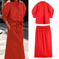 Women's Set 2026 New Spring Summer 2pcs Set Red Poplin Puff Sleeve Shirt and Midi Skirt Women Fashion Chic Female Set