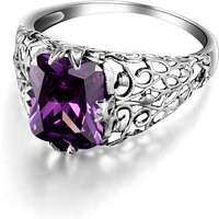 Vintage 925 Sterling Silver Amethyst Ring Square Cut Purple Gemstone Filigree Openwork Band Retro Gothic Jewelry for Women Party