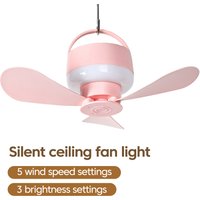 Silent Mini Hanging Ceiling Fan with LED Light Remote Control Detachable Blades 5 Speed Adjustable for Camping Dorm Home Bedroom