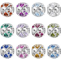 925 Sterling Silver Birthstone Charms Month Heart Zircon Bead Original Pendants Bracelet Necklace Charm Party Birthday DIY Gift