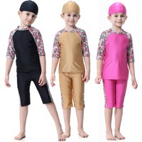 Short Style Muslim Swimwear Burkini for Girls Baby Children Teens 1-16Y Sides Floral Printing Quick Dry Islamic Swim Clothes