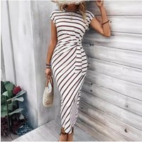Elegant Long Dress Women's Summer Fashion Casual Adjustable Waist Strap round Neck Short Sleeve Dress Stylish Polyester Skirt