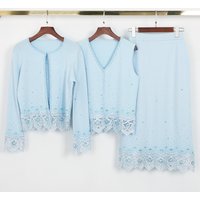 26103 High Quality Spring/Summer New Style Fashion Luxury Stretch Knitted Hot Diamond Lace Cardigan+Tank Top+Skirt Women's Set
