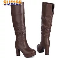 Fashion Turn Over Edge Knee High Boots Women Chunky Heels Sexy Winter Dress Party Lady Brown Pleated Slip-on Long Platform Boots