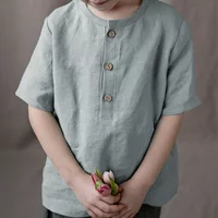 2026 Summer New Linen Short-Sleeved T-shirt Boys And Girls Casual Cotton Linen Skin-Friendly Wood Buttons Children Tops