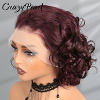 Burgundy 99J 13X4 Transparent Lace Frontal Loose Bouncy Wave Wavy Curly Human Hair Wig for Black Women Short Human Hair Wigs image 4