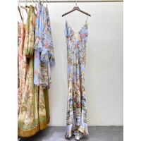 100% Silk Women Blue Floral Print Sling Long Dress V Neck Backless Lace Embroidery Spliced High Waist Elegant Dress
