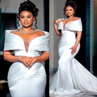 Luxury African Plus Size Mermaid Wedding Dresses Illusion Sheer Neck Pearl Off Shoulder Beaded Lace Bridal Gown vestido de novia