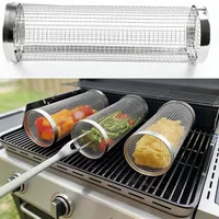 Stainless Steel Cylinder Rolling Grilling Basket Portable Round BBQ Rack Wire Mesh Barbecue Grate for Outdoor Camping Picnic