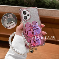 For Honor 600 Lite 400 Smart 500 200 300 100 90 80 70 Pro Rabbit Mirror Holder With Pearl Chain Glitter Protective Soft Shell