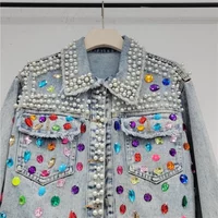 Autumn Women Fashion Pearl Beaded Diamond Frayed Burrs Light Blue Jean Jacket Chaqueta Mujer Lapel Long Sleeve Denim Coat Female