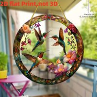2D Flat, 1pc Hummingbird Floral Stained Glass-Style Acrylic Sun Catcher - Vibrant Round Window Hanging Decor with Colorful Flowe
