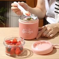 Stainless Steel Double Layer Salad Cup with Spoon Breakfast Oat Milk Fruit Salad Bowl Portable Lunch Box Office Worker Students