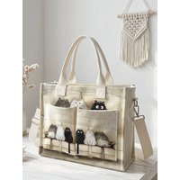 Cute Cats Print Beige Corduroy Tote Bag Large Capacity Multi Pocket Commuter Shoulder Bag