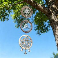 Gothic Hanging Wind Spinner Wood Pentagram Wind Chime Bell Metatron Celtic Spiritual Sacred Geometry Yoga Meditation Wicca Decor
