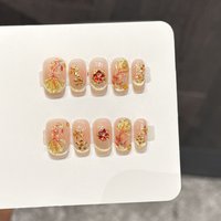 10pcs Gold Foil Flower Press On Nails Handmade Chinese Style Cat's Eye Fake Nails Light Luxury Short Square False Nail Tips