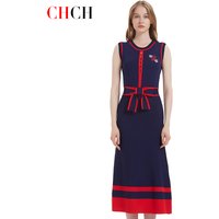 CHCH Women's Dress 2024 New Sleeveless Knitted Long Dress Simple navy blue Business Women's Wear