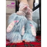 Harajuku Pink Blue Sweet Bow Faux Fur Leg Warmers Socks Y2K Girls Japanese Kawaii Cartoon Rabbit Ears Warm Boot Cover Streetwear