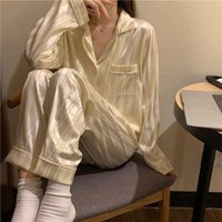 New Women's Summer Ice Silk Pajamas Girls' Loungewear Long-sleeve Pants Faux Silk Black Striped Plus-size Ladies Pajama Set