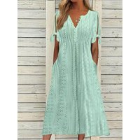 Summer Solid Color Short Sleeved Women's Dresses Fashion Sexy Hollow V Neck Lace Ruffle Casual Simple Female Beach Holiday Dress