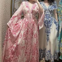 Women Romantic Pink Floral Print Silk long Dress V Neck long sleeve high waist Vacation midi Dress