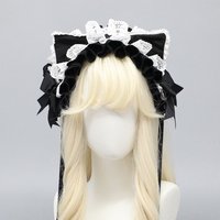 New Handmade Harajuku Lolita Lace Cat Servant Headband Y2K Girl Subculture Dark Cat Ear Headpiece KC Maid Cute Hair Accessory