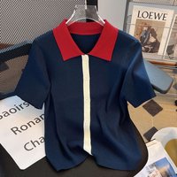 Beautiful Small Shirt Lapel Contrasting Color Chic Short-sleeved T-shirt Large-size Ice Silk Top