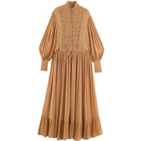 Robe longue élégante pour femme, automne 2026, avec boutons à nœuds, style vintage bohème, coupe trapèze, volants, plissée, taille à cordon de serrage