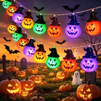 Colorful Pumpkins String Lights Halloween, Battery Powered Fairy Lights with Witch Hat, Indoor Multicolor Jack-O-Lantern Lights