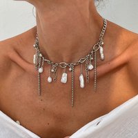 Baroque Imitation Pearl Choker Necklace for Women Punk Hip-hop Metal Chain Tassel Short Torques Collar Chain Neck Jewelry