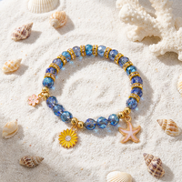 Bohemian Blue Crystal Beaded Bracelet for Women Gold Color Tone Starfish Sunflower Charms Elastic Hand Chain Summer Jewelry Gift