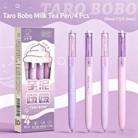 4pcs Taro Bobo Milk Tea Gel Pens, 0.5mm Black Quick Dry Ink, CS Nib, Purple & Pink Set for School & Office Journaling