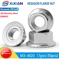 DIN6923 M3 M4 M5 M6 M8 M10 M12 M14 M16 M20 Flange Nut Lock Nut 304 Stainless Steel Hexagon Hex Head Serrated Spinlock 1pcs-35pcs