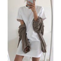 Women's fashionable small round neck simple solid color loose T-shirt dress 2025