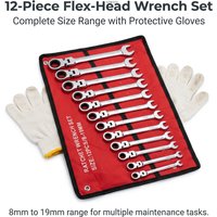Zestaw kluczy płasko-oczkowych z mechanizmem zapadkowym 8-18 mm, zestaw kluczy płasko-oczkowych z mechanizmem zapadkowym, metryczny, z elastyczną główką, w torbie płóciennej, zestaw narzędzi do