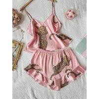 Summer 2-piece Leopard Printed Pajama Set for Women Sexy Ice Silk Stain Casual Crop Tops and Shorts Sleepwear Lounge