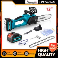 Podofo 12 Zoll Mini Elektrische Kabellose Kettensäge Wiederaufladbare Holzbearbeitungs-Elektrosäge mit EU-Stecker für Makita